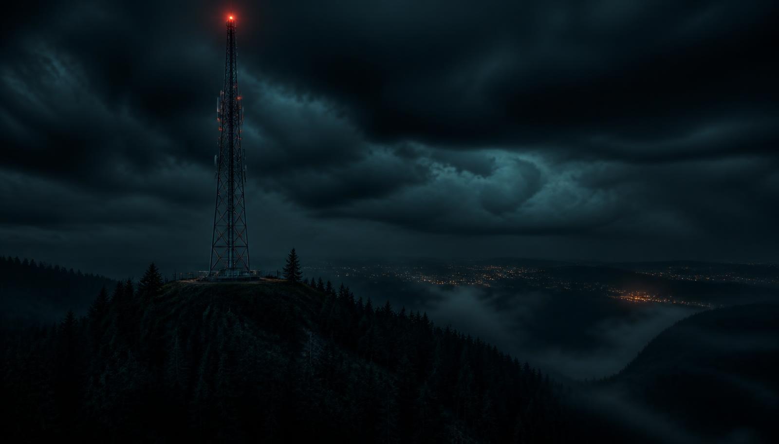 Night radio tower on a forested ridge from the current script's opening scene